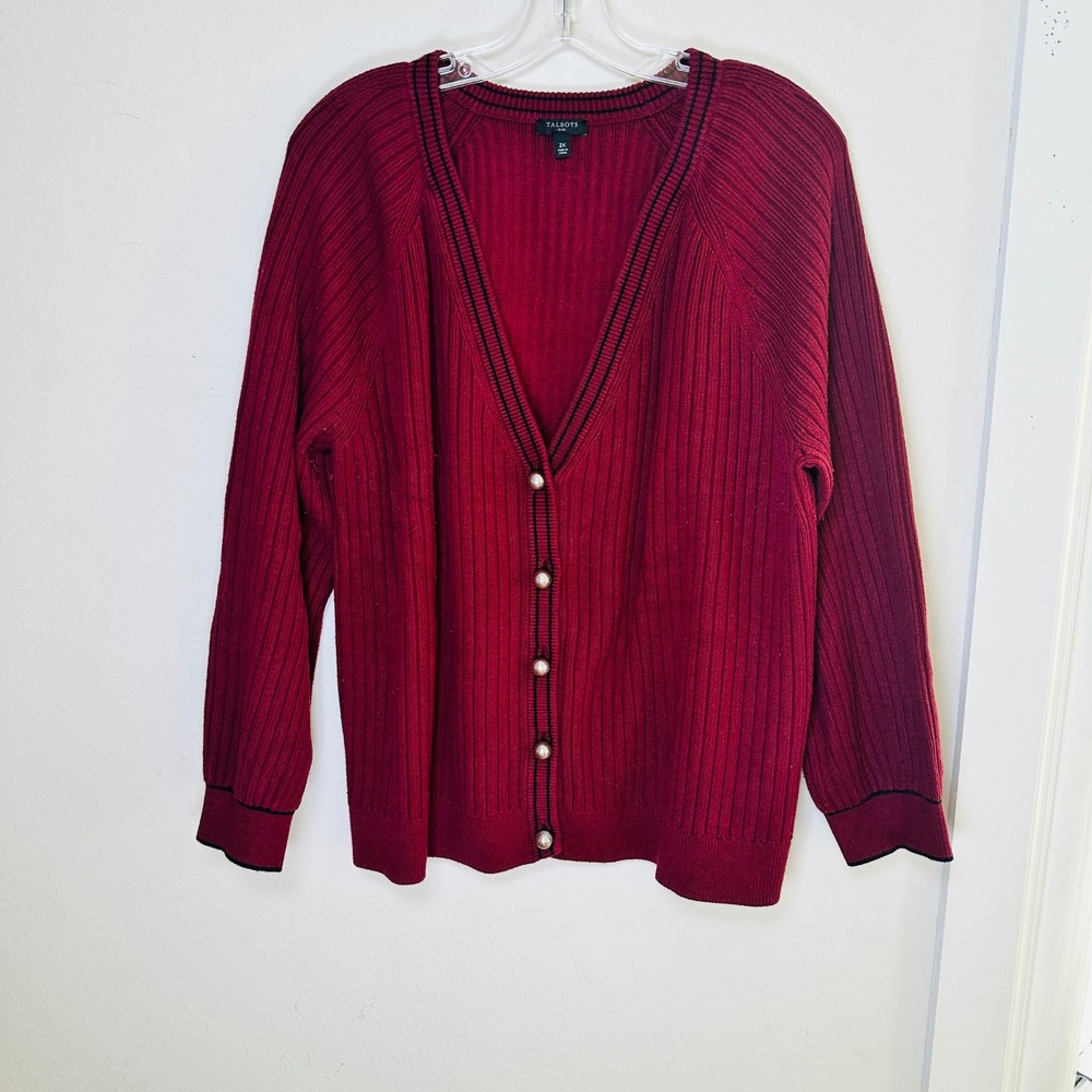 Talbots Plus Cardigan Preppy Ribbed Pearl Button V-Neck Sweater 2X